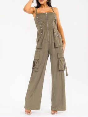 Olive Cargo Wide Leg Jumpsuit Zip Front Utility Romper w Pockets Chic Edgy Style